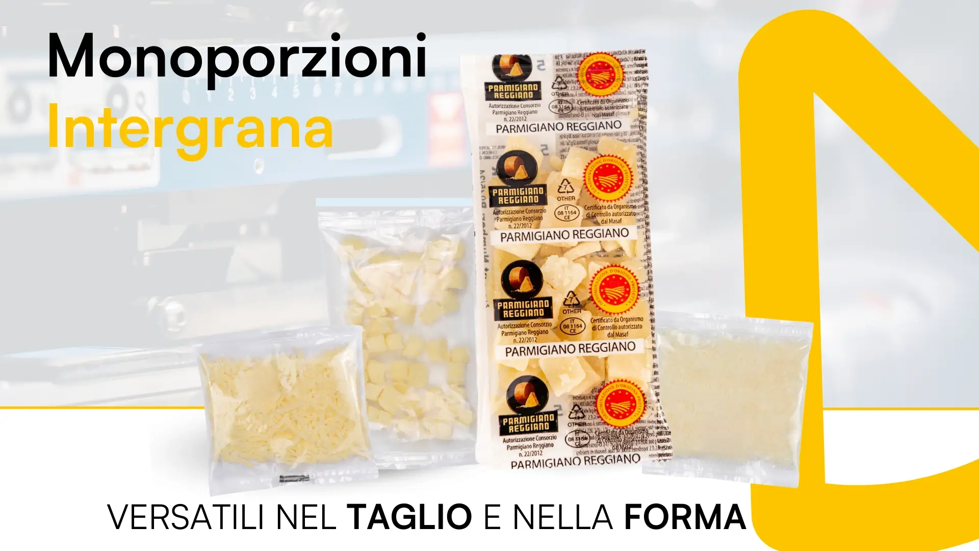 Dettaglio di innovazione e tradizione nel confezionamento di monodose di parmigiano reggiano dop e altri formaggi